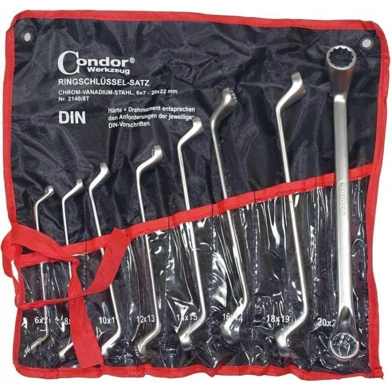 Klucze oczkowe odgięte, 6-22 mm, 8 szt., satynowe